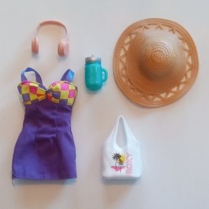 Barbie Doll Beach Wear Accessories Lot Roxy Handbag Purse purple dress sun hat